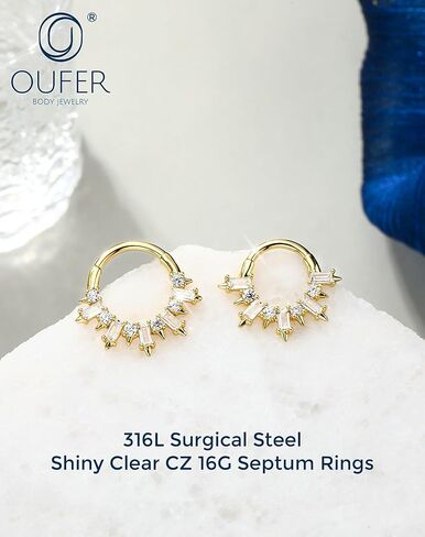 OUFER Gold Septum Rings 16G 8/10MM 316L مجوهرات ثقب الحاجز الفولاذي الجراحي، مربع شفاف CZ مفصل قطعة مجوهرات ثقب Daith، أقراط Daith Helix Rook للنساء والرجال in Kuwait