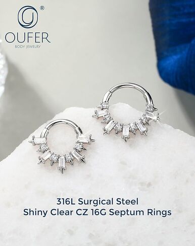 OUFER Gold Septum Rings 16G 8/10MM 316L مجوهرات ثقب الحاجز الفولاذي الجراحي، مربع شفاف CZ مفصل قطعة مجوهرات ثقب Daith، أقراط Daith Helix Rook للنساء والرجال in Kuwait