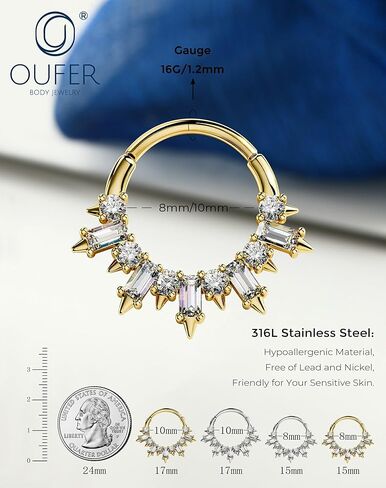 OUFER Gold Septum Rings 16G 8/10MM 316L مجوهرات ثقب الحاجز الفولاذي الجراحي، مربع شفاف CZ مفصل قطعة مجوهرات ثقب Daith، أقراط Daith Helix Rook للنساء والرجال in Kuwait