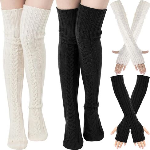 4 Sets Woman's Knee High Socks Long Knitted Arm Warmers Set over Knee Leg Warmers Knit Fingerless Gloves in Saudi Arabia