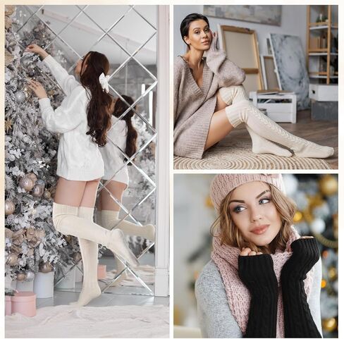 4 Sets Woman's Knee High Socks Long Knitted Arm Warmers Set over Knee Leg Warmers Knit Fingerless Gloves in Saudi Arabia