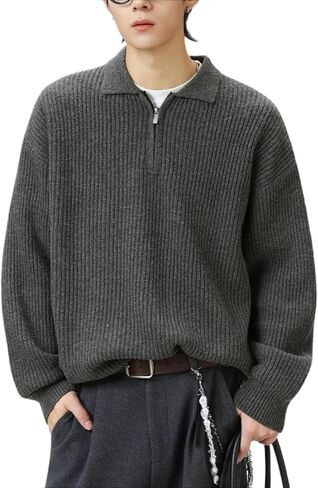 POHADON Men Quarter Zip Up Collared Neck Sweater Vintage Aesthetic Chunky Grandpa Grunge Clothes Fall Winter Korean Fashion in Saudi Arabia