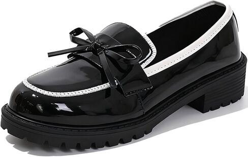 Bow Loafers for Women's Patent Leather Chunky Heel Dress Shoes Elegant Round Toe Platform Non-Slip Lug Sole Casual Work School Shoes for Business Office Everyday Wear in Saudi Arabia