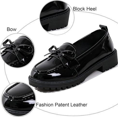 Bow Loafers for Women's Patent Leather Chunky Heel Dress Shoes Elegant Round Toe Platform Non-Slip Lug Sole Casual Work School Shoes for Business Office Everyday Wear in Saudi Arabia