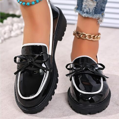 Bow Loafers for Women's Patent Leather Chunky Heel Dress Shoes Elegant Round Toe Platform Non-Slip Lug Sole Casual Work School Shoes for Business Office Everyday Wear in Saudi Arabia