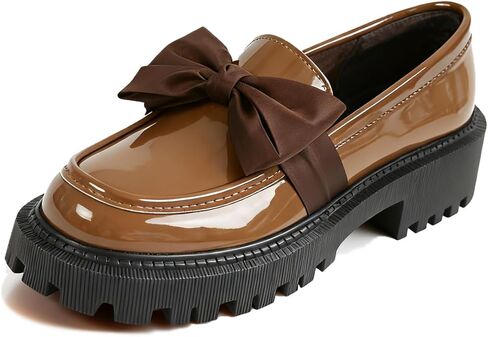 Bow Loafers for Women's Patent Leather Chunky Heel Dress Shoes Elegant Round Toe Platform Non-Slip Lug Sole Casual Work School Shoes for Business Office Everyday Wear in Kuwait