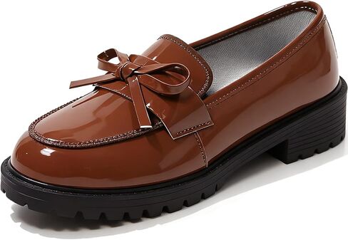 Bow Loafers for Women's Patent Leather Chunky Heel Dress Shoes Elegant Round Toe Platform Non-Slip Lug Sole Casual Work School Shoes for Business Office Everyday Wear in Saudi Arabia