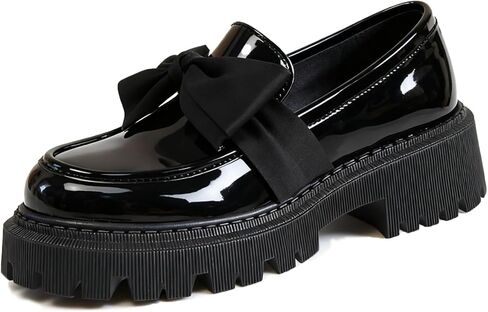 Bow Loafers for Women's Patent Leather Chunky Heel Dress Shoes Elegant Round Toe Platform Non-Slip Lug Sole Casual Work School Shoes for Business Office Everyday Wear in Saudi Arabia