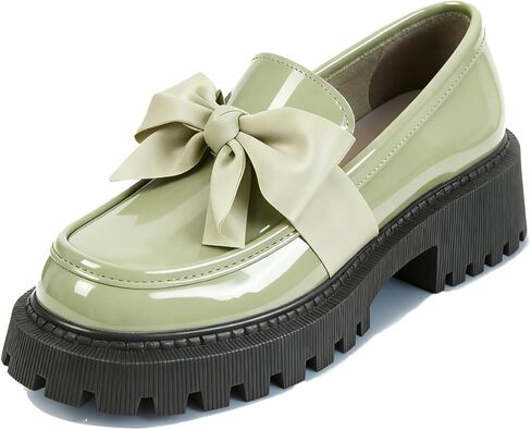 Bow Loafers for Women's Patent Leather Chunky Heel Dress Shoes Elegant Round Toe Platform Non-Slip Lug Sole Casual Work School Shoes for Business Office Everyday Wear in Saudi Arabia
