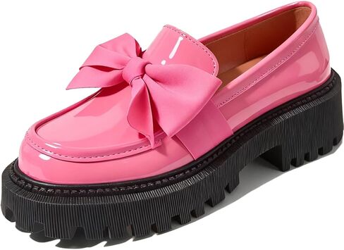 Bow Loafers for Women's Patent Leather Chunky Heel Dress Shoes Elegant Round Toe Platform Non-Slip Lug Sole Casual Work School Shoes for Business Office Everyday Wear in Saudi Arabia