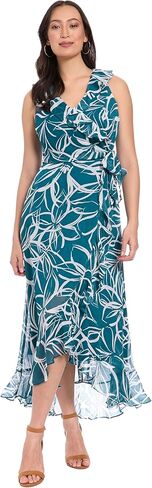 London Times Womens Sleeveless Ruffle Detail Faux Wrap Tie Midi Dress in Saudi Arabia
