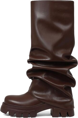 VOMIRA Women's Fold Over Boots Slouchy Boots Wide Calf Pleated Platform Boots Glitter Metallic Silver Boots Chunky Stacked Boots Mid Calf Boots in Kuwait