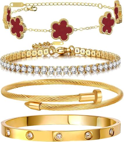Gold Bracelets for Women, 18K Gold Plated Women Tennis Bracelets Clover Nail Love Bangle Bracelet Set, Gold Bracelet Stackable Set Trendy Jewelry, Gifts for Women's Day and Mother's Day in Saudi Arabia