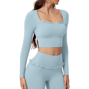 Women’s Quick Dry Sport Top with Built-in Bra & Lace Square Collar - Tight Fitting Long Sleeve Shirt for Yoga Running in Saudi Arabia