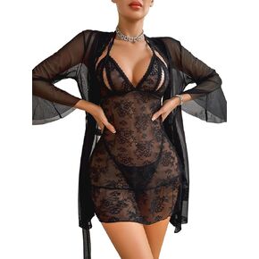 Avidlove Women Sexy Lingerie Set 3 Piece Mesh Kimono Robe with Lace Babydoll Sleepwear Halter Lingerie Nightgown in Saudi Arabia
