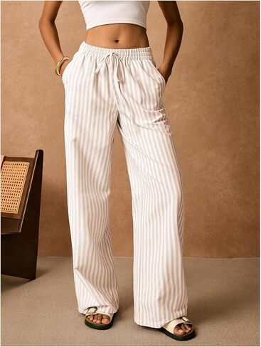 Floerns Women's Striped Straight Leg Pants Drawstring Elastic Waist Lounge Pants in Saudi Arabia