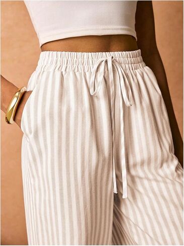Floerns Women's Striped Straight Leg Pants Drawstring Elastic Waist Lounge Pants in Saudi Arabia