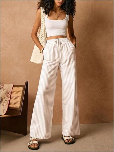 Floerns Women's Striped Straight Leg Pants Drawstring Elastic Waist Lounge Pants in Saudi Arabia
