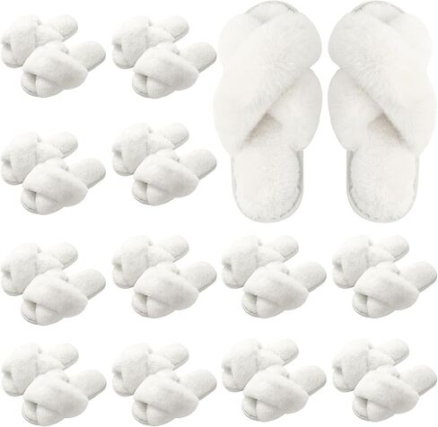 12 Pairs Women's Fuzzy Slippers Bulk, Cross Band Open Toe Bridesmaid Slippers Plush Furry Slipper for Wedding Bachelorette Party in Saudi Arabia