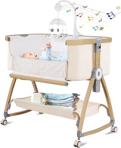 Baby Bassinets Bedside Sleeper,3 in 1 Bedside Bassinet for Baby,Rocking Bassinet for Baby with Mattress,Mobile,Mosquito Net,Storage Basket,Height Adjustable Bassinet with Wheels for Newborn Infants in Saudi Arabia