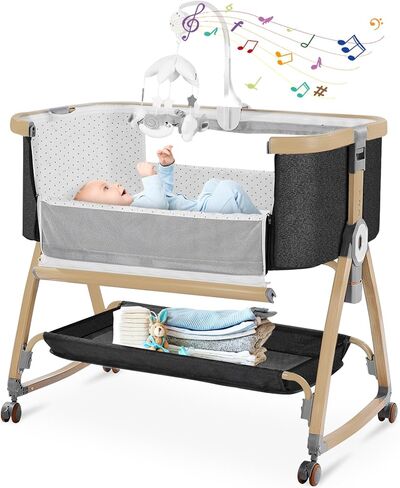 Baby Bassinets Bedside Sleeper,3 in 1 Bedside Bassinet for Baby,Rocking Bassinet for Baby with Mattress,Mobile,Mosquito Net,Storage Basket,Height Adjustable Bassinet with Wheels for Newborn Infants in Saudi Arabia