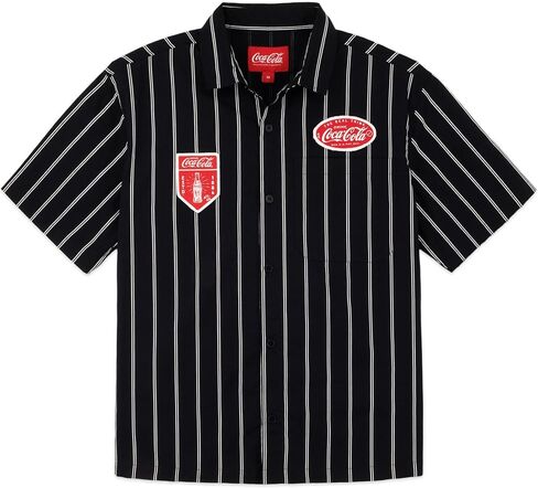 Coca-Cola Retro Pin-Striped Button Down Workwear Shirt - Officially Licensed Coke Heritage Short Sleeve Collared Woven Top in Saudi Arabia