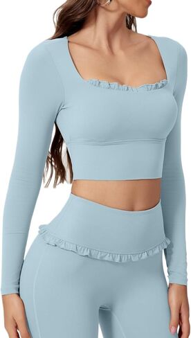 Women’s Quick Dry Sport Top with Built-in Bra & Lace Square Collar - Tight Fitting Long Sleeve Shirt for Yoga Running in Saudi Arabia