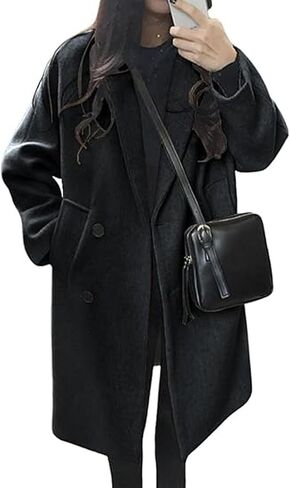 Sexyshine Women's Winter Double Breasted Coats Casual Loose Notch Lapel Wool Blend Pea Coat Warm Long Overcoat in Saudi Arabia