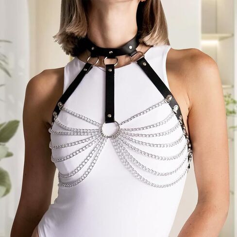 Body Chain Jewelry for Women, Chain Bra, Handmade Adjustable Leather Metal Chest Halter Belt, Waist Chain Tassel for Carnival Punk Gothic Dance in Saudi Arabia