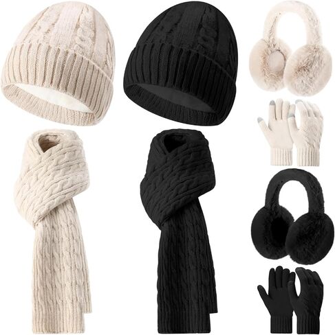 Suhine 8 Pcs Winter Beanie Hat Scarf Gloves Ear Warmer set Warm Fleece Knit Hat Touch Screen Gloves Earmuff for Women men in Saudi Arabia
