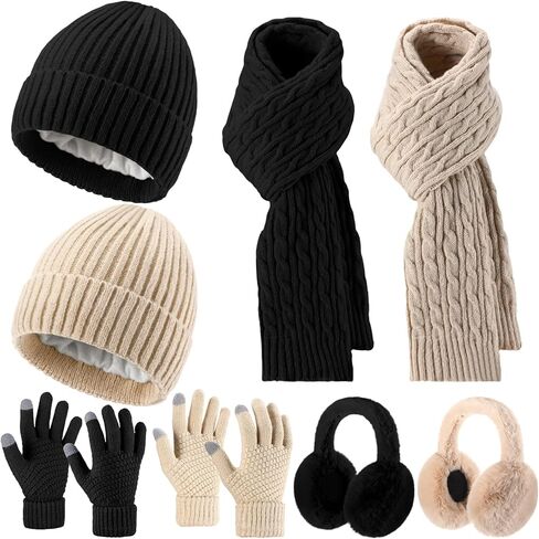Suhine 8 Pcs Winter Beanie Hat Scarf Gloves Ear Warmer set Warm Fleece Knit Hat Touch Screen Gloves Earmuff for Women men in Saudi Arabia
