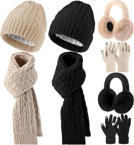 Suhine 8 Pcs Winter Beanie Hat Scarf Gloves Ear Warmer set Warm Fleece Knit Hat Touch Screen Gloves Earmuff for Women men in Saudi Arabia