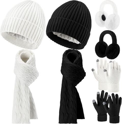 Suhine 8 Pcs Winter Beanie Hat Scarf Gloves Ear Warmer set Warm Fleece Knit Hat Touch Screen Gloves Earmuff for Women men in Saudi Arabia