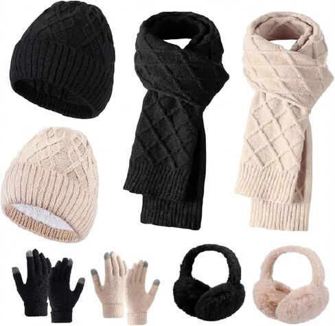 Suhine 8 Pcs Winter Beanie Hat Scarf Gloves Ear Warmer set Warm Fleece Knit Hat Touch Screen Gloves Earmuff for Women men in Saudi Arabia