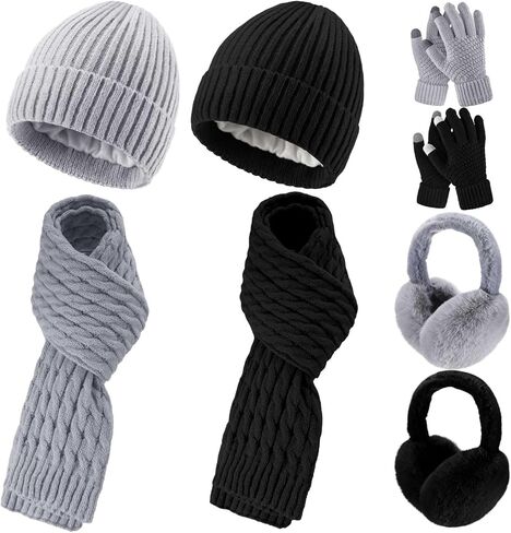 Suhine 8 Pcs Winter Beanie Hat Scarf Gloves Ear Warmer set Warm Fleece Knit Hat Touch Screen Gloves Earmuff for Women men in Saudi Arabia