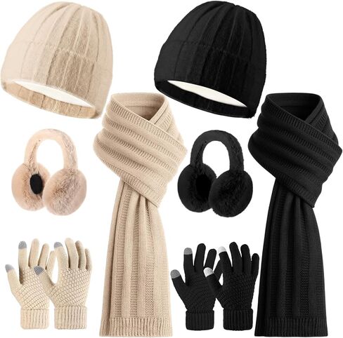 Suhine 8 Pcs Winter Beanie Hat Scarf Gloves Ear Warmer set Warm Fleece Knit Hat Touch Screen Gloves Earmuff for Women men in Saudi Arabia