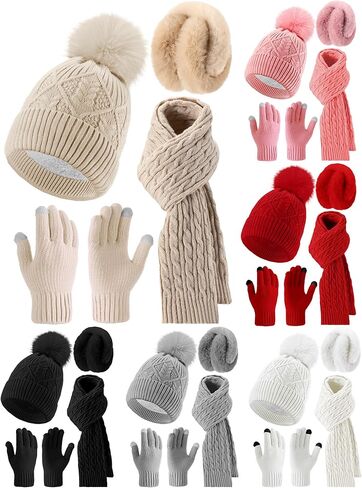 24 Pcs Winter Hat Scarf Gloves and Ear Warmer Set for Women, Knit Beanie Scarf Touch Screen Gloves Plush Earmuffs in Saudi Arabia