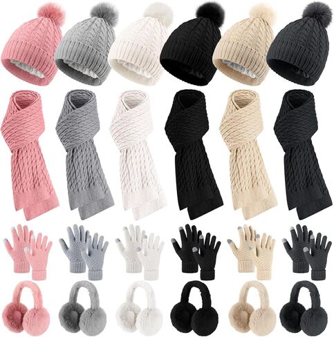 24 Pcs Winter Hat Scarf Gloves and Ear Warmer Set for Women, Knit Beanie Scarf Touch Screen Gloves Plush Earmuffs in Saudi Arabia