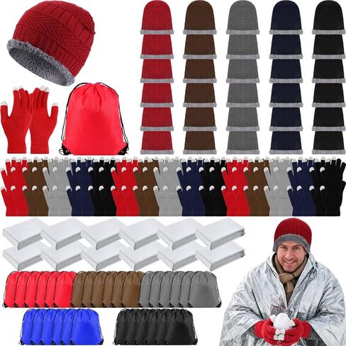 Geyoga 120 Pcs Charity Donation Homeless Care Supplies Bulk Winter Beanie Emergency Blanket Touchscreen Glove Drawstring Bags in Saudi Arabia