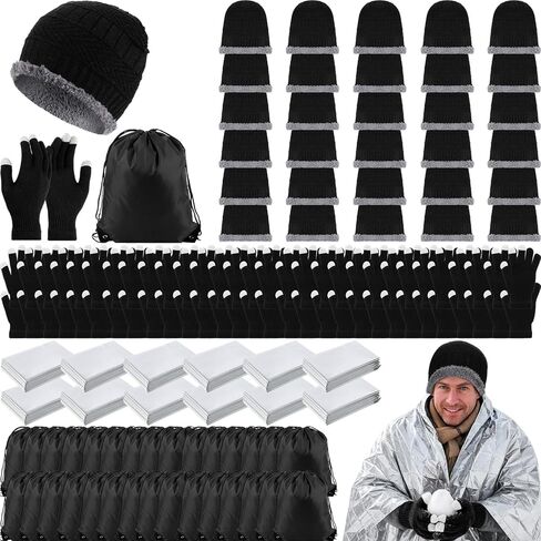 Geyoga 120 Pcs Charity Donation Homeless Care Supplies Bulk Winter Beanie Emergency Blanket Touchscreen Glove Drawstring Bags in Saudi Arabia