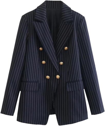 Women Striped Chic Office Blazers Coats Casual Lapel Button Long Sleeve Double Breasted Slim Blazer in Saudi Arabia