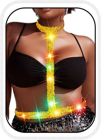 BODIY light Up Chest Harness Sparkly Gold Sequin Chest Belt Leather Body Harness for Women in Saudi Arabia