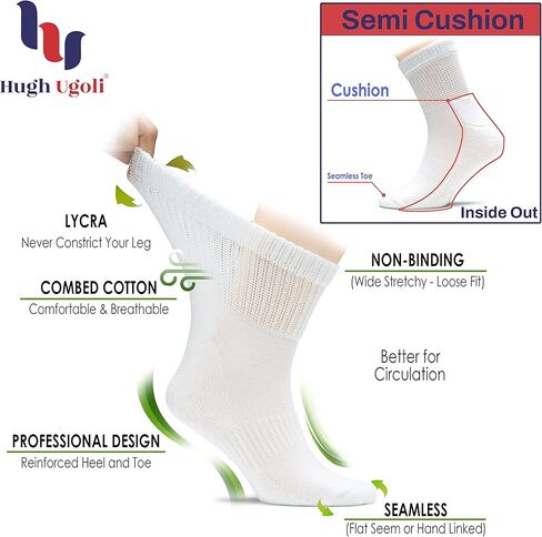 Hugh Ugoli Men's Cotton Diabetic Ankle Socks, Wide, Loose, Stretchy, Seamless Toe, Non Binding Top, Semi Cushion, 3-6 Pairs in Saudi Arabia