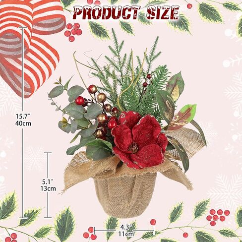 Briful 15.7’’ Premium Artificial Christmas Arrangement with Red Magnolia, Pomegranate & Gold Berries in Burlap Pot, Elegant Holiday Centerpiece for Farmhouse & Modern Christmas Décor in Saudi Arabia