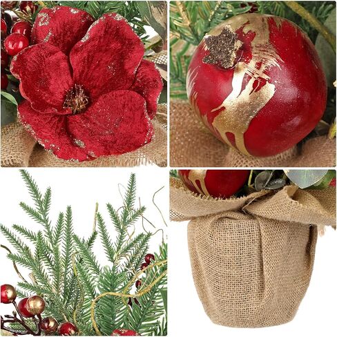 Briful 15.7’’ Premium Artificial Christmas Arrangement with Red Magnolia, Pomegranate & Gold Berries in Burlap Pot, Elegant Holiday Centerpiece for Farmhouse & Modern Christmas Décor in Saudi Arabia