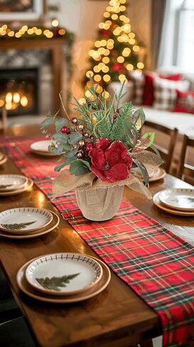 Briful 15.7’’ Premium Artificial Christmas Arrangement with Red Magnolia, Pomegranate & Gold Berries in Burlap Pot, Elegant Holiday Centerpiece for Farmhouse & Modern Christmas Décor in Saudi Arabia
