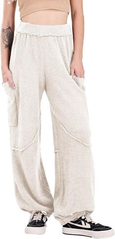 بنطال نسائي من utcoco مصنوع من الصوف الغامض بأرجل واسعة وخصر مطاطي بنطال منسوج كاجوال مريح مع جيوب in Kuwait