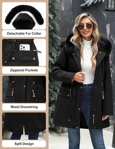 Women's Winter Warm Parka Jacket Fleece Lined Drawstring Thicken Coat Windproof Hooded Sherpa Outerwear in Saudi Arabia