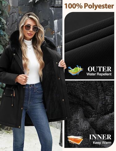 Women's Winter Warm Parka Jacket Fleece Lined Drawstring Thicken Coat Windproof Hooded Sherpa Outerwear in Saudi Arabia