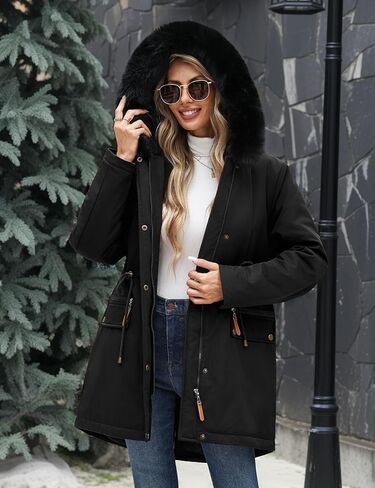 Women's Winter Warm Parka Jacket Fleece Lined Drawstring Thicken Coat Windproof Hooded Sherpa Outerwear in Saudi Arabia